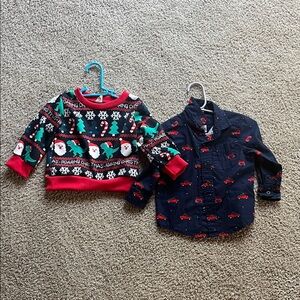 The Children's Place Festive Truck Button Up & SHEIN Ugly Christmas Sweater Dino